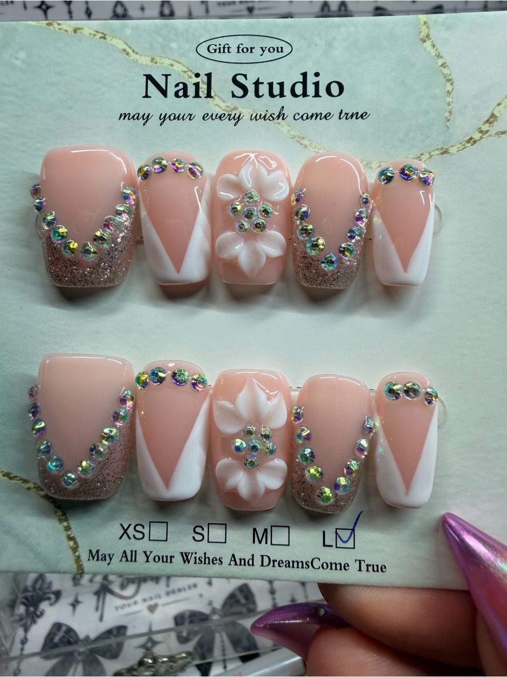 Pink Rhinestone & White Accent Press-On Nails